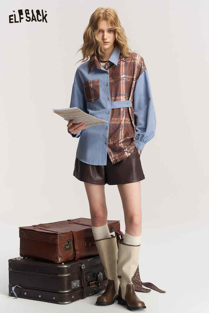 Vintage Patchwork Plaid Graffiti Blouse