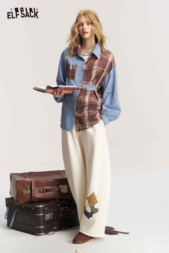Vintage Patchwork Plaid Graffiti Blouse