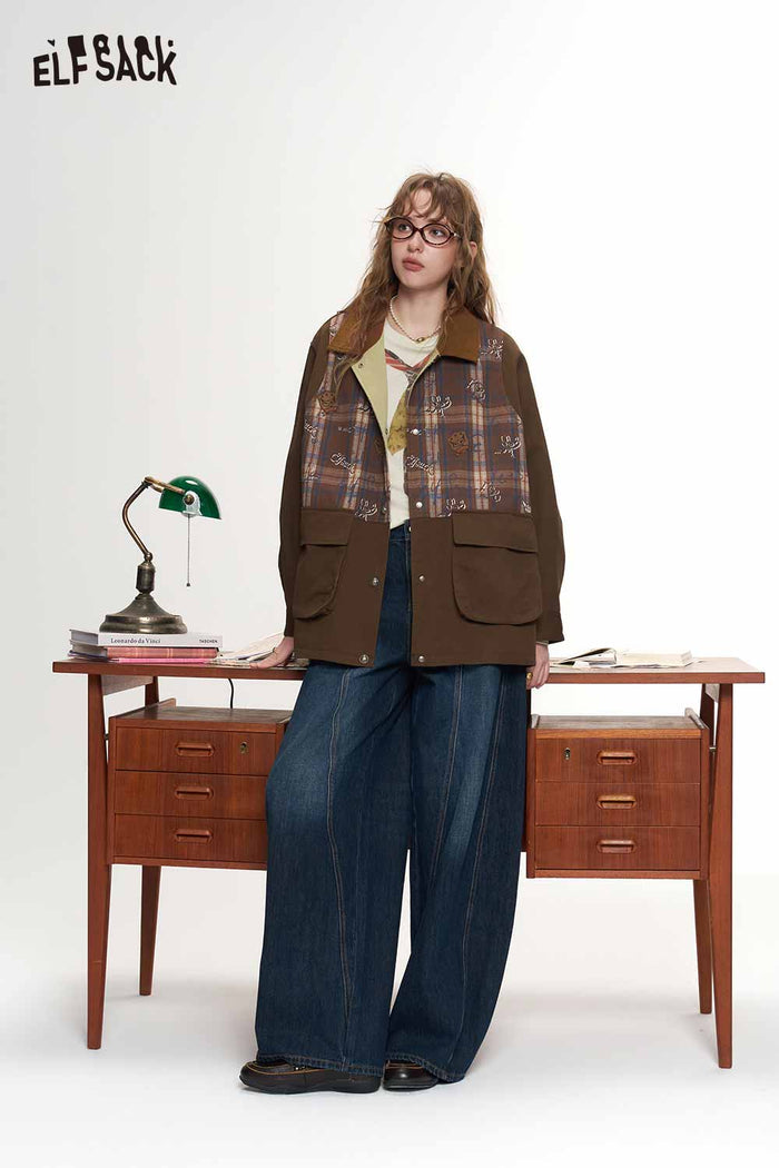 Vintage Plaid Patchwork Cartoon Animal Print Jacket