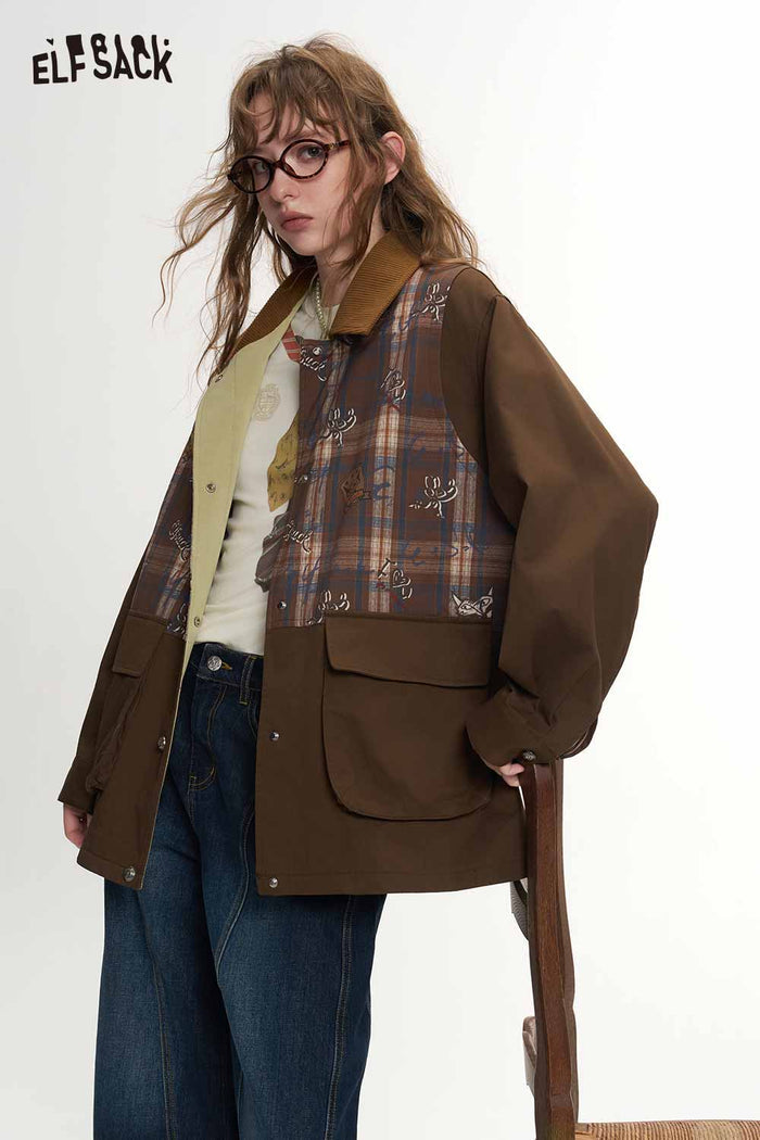 Vintage Plaid Patchwork Cartoon Animal Print Jacket