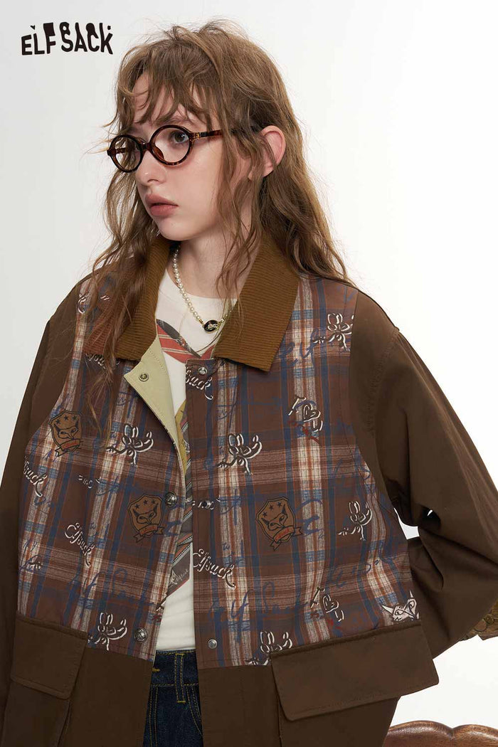 Vintage Plaid Patchwork Cartoon Animal Print Jacket
