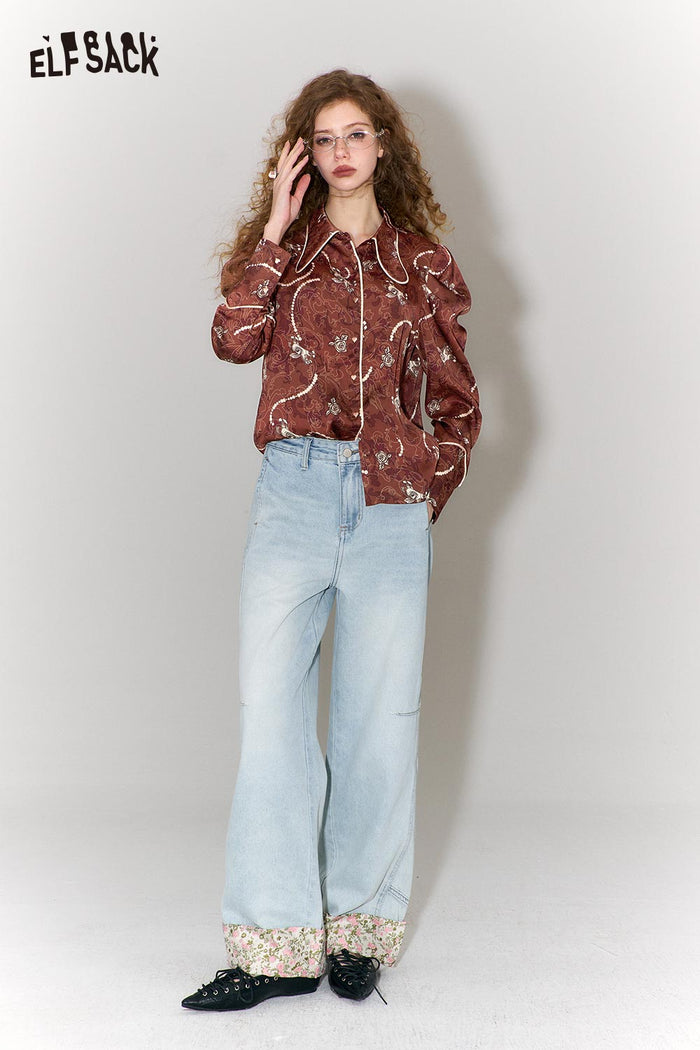 ELFSACK Vintage Pony Rose Print Pearl Trim Lapel Shirt
