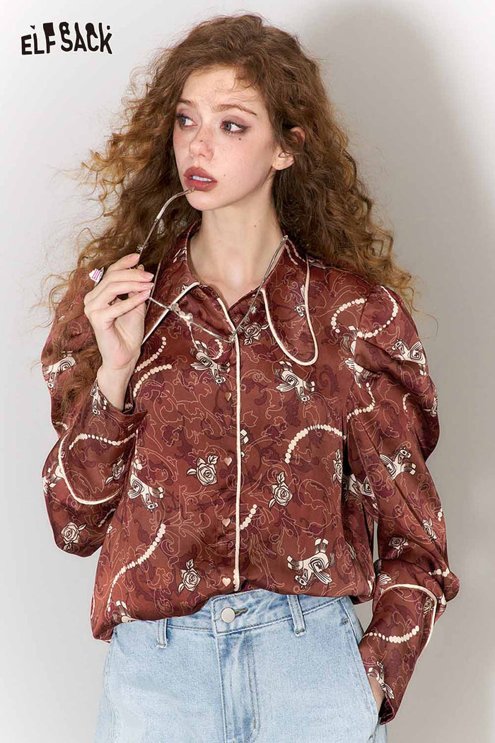 ELFSACK Vintage Pony Rose Print Pearl Trim Lapel Shirt