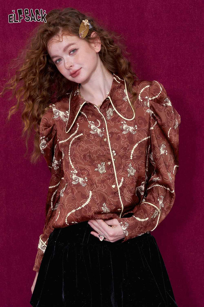 ELFSACK Vintage Pony Rose Print Pearl Trim Lapel Shirt