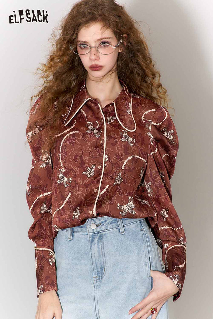 ELFSACK Vintage Pony Rose Print Pearl Trim Lapel Shirt