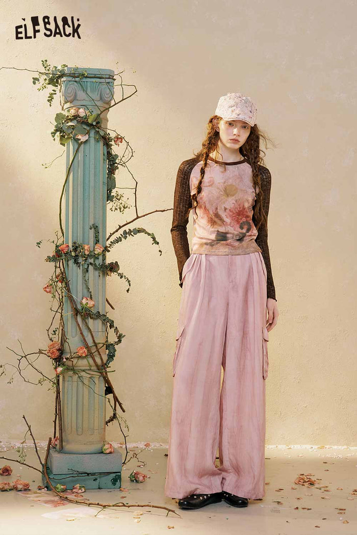 ELFSACK Vintage Raglan Floral Print Long Sleeve Top