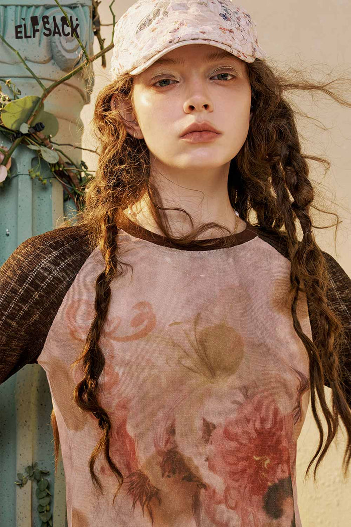 ELFSACK Vintage Raglan Floral Print Long Sleeve Top
