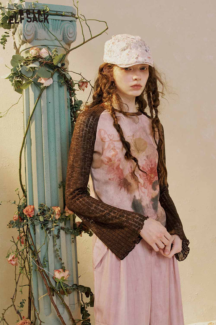 ELFSACK Vintage Raglan Floral Print Long Sleeve Top
