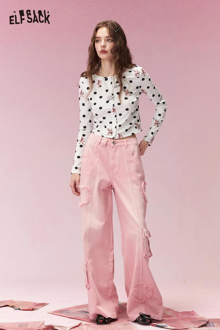 ELFSACK Vintage Sweet Polka Dot Bear Print Long Sleeve Cardigan
