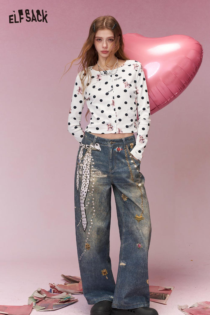 ELFSACK Vintage Sweet Polka Dot Bear Print Long Sleeve Cardigan
