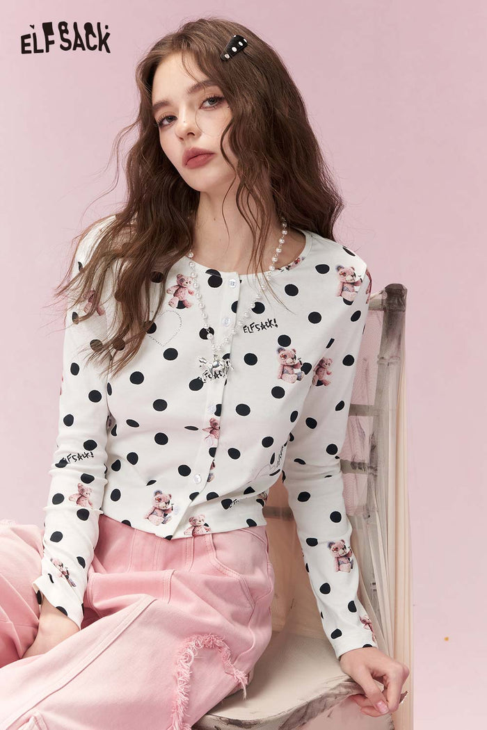 ELFSACK Vintage Sweet Polka Dot Bear Print Long Sleeve Cardigan