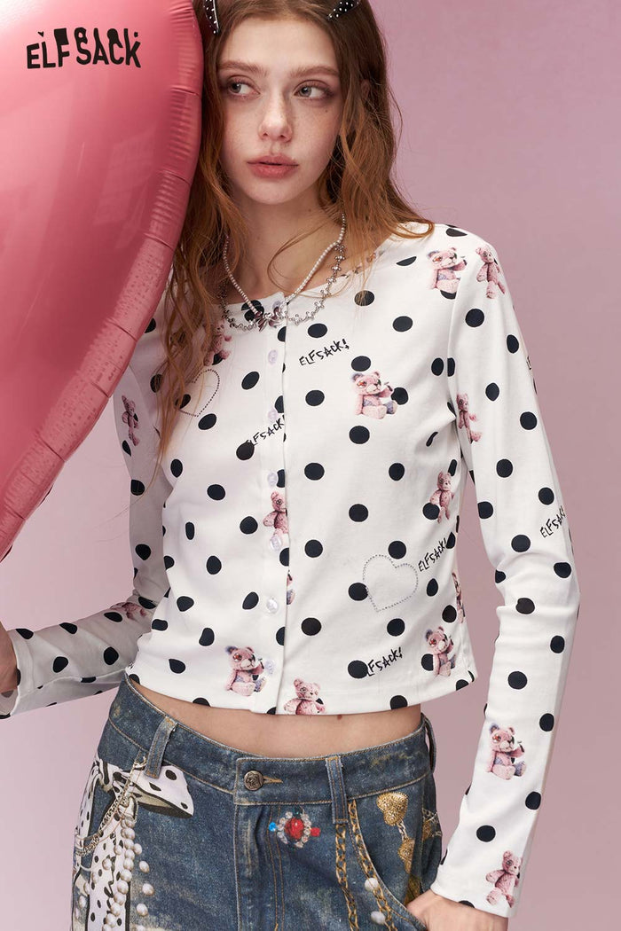 ELFSACK Vintage Sweet Polka Dot Bear Print Long Sleeve Cardigan