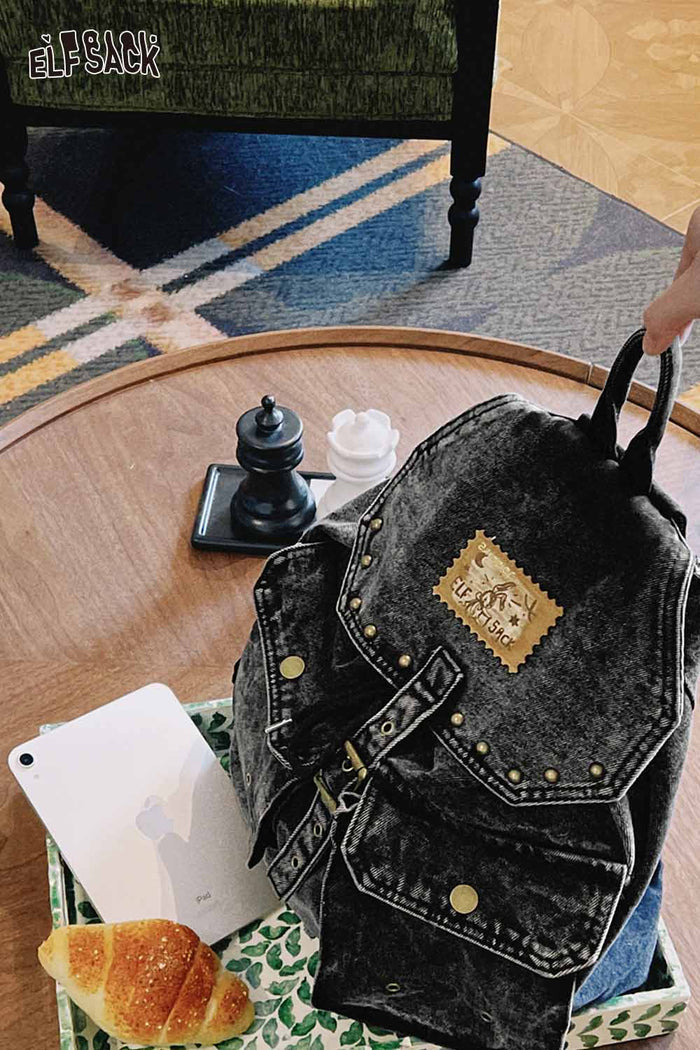 ELFSACK Vintage Washed Black Denim Backpack