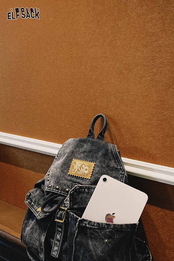 ELFSACK Vintage Washed Black Denim Backpack