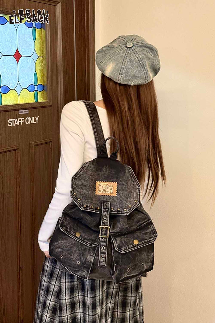 ELFSACK Vintage Washed Black Denim Backpack