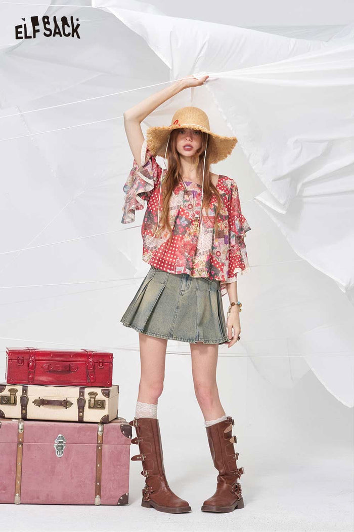 ELFSACK Vintage Washed Denim Mini Skirt
