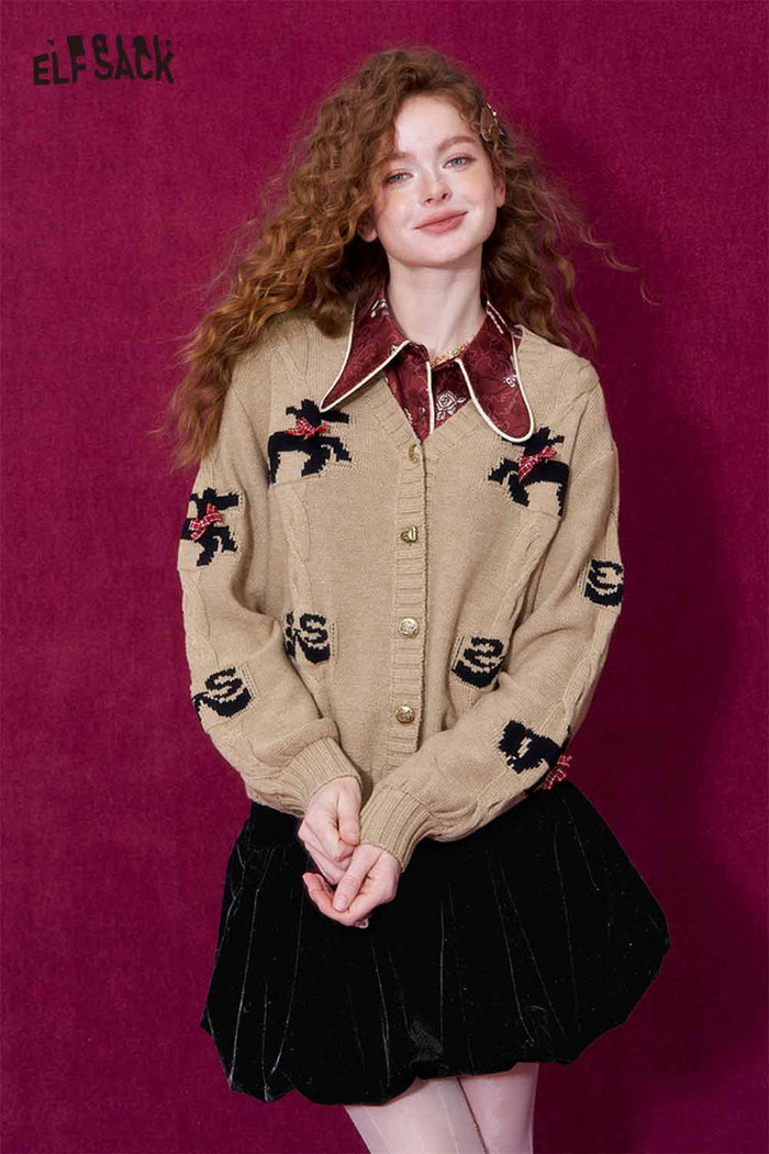 ELFSACK Vintage Whimsical Bow Jacquard V-Neck Cardigan