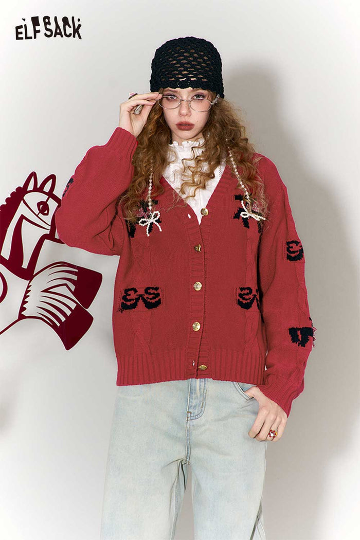 ELFSACK Vintage Whimsical Bow Jacquard V-Neck Cardigan