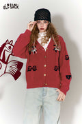 ELFSACK Vintage Whimsical Bow Jacquard V-Neck Cardigan