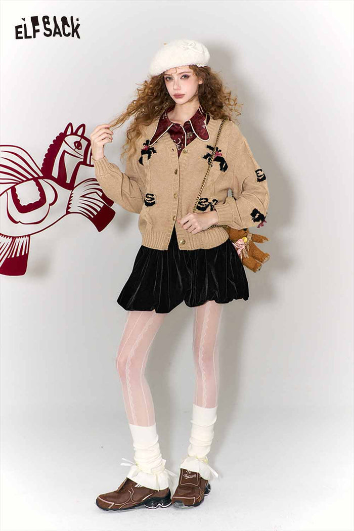 ELFSACK Vintage Whimsical Bow Jacquard V-Neck Cardigan