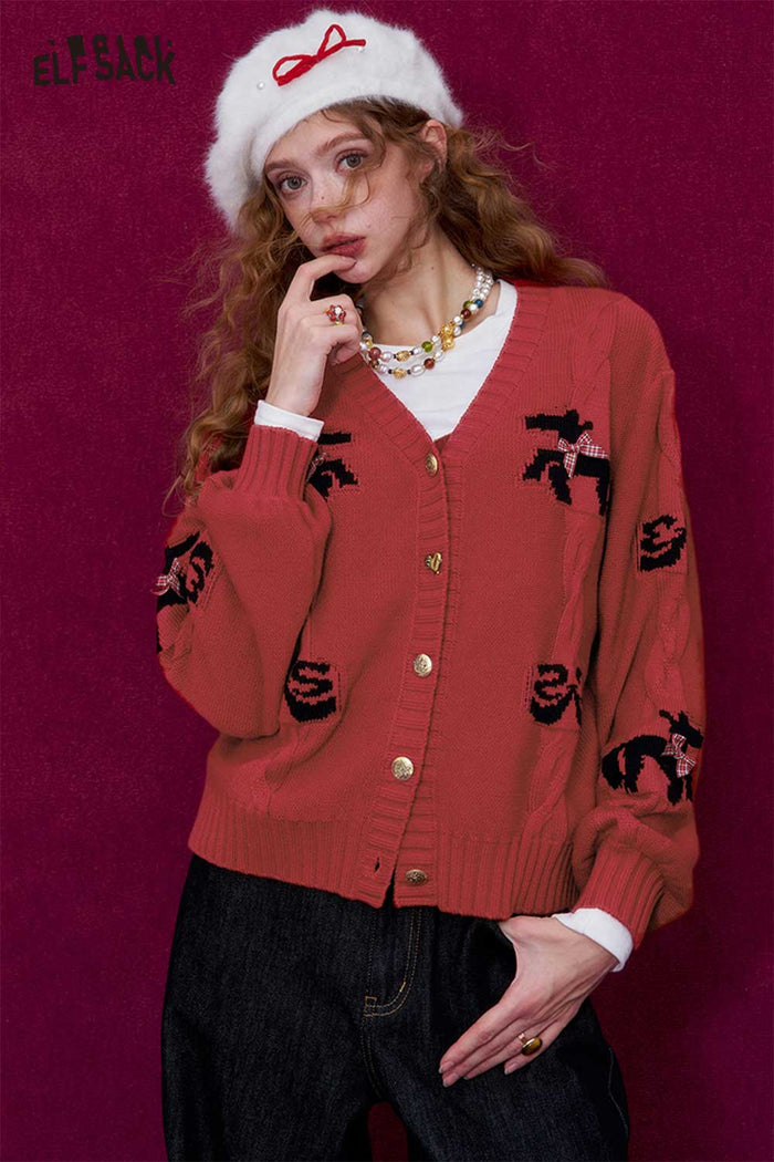 ELFSACK Vintage Whimsical Bow Jacquard V-Neck Cardigan