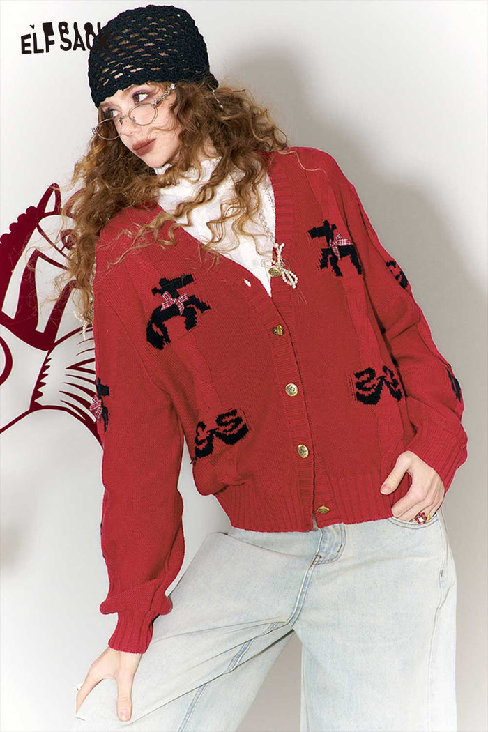 ELFSACK Vintage Whimsical Bow Jacquard V-Neck Cardigan