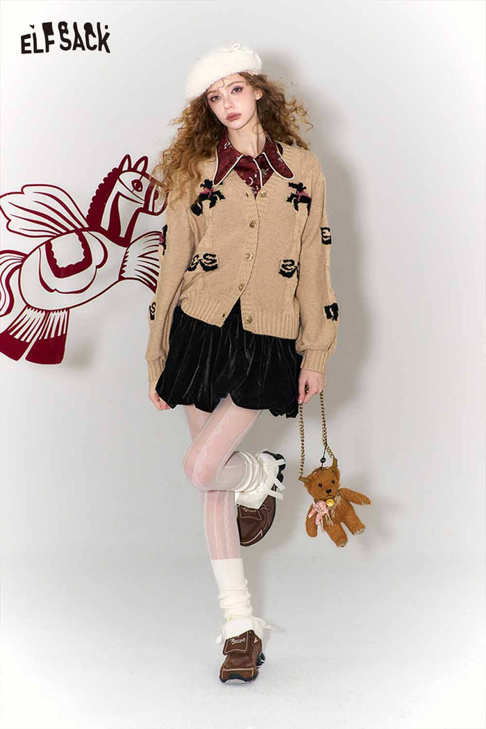 ELFSACK Vintage Whimsical Bow Jacquard V-Neck Cardigan