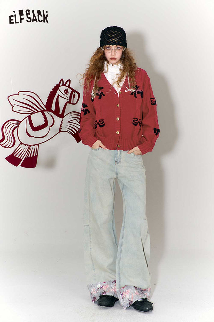 ELFSACK Vintage Whimsical Bow Jacquard V-Neck Cardigan