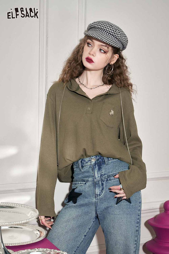 Waffle Knit Polo Long Sleeve Pocket Top