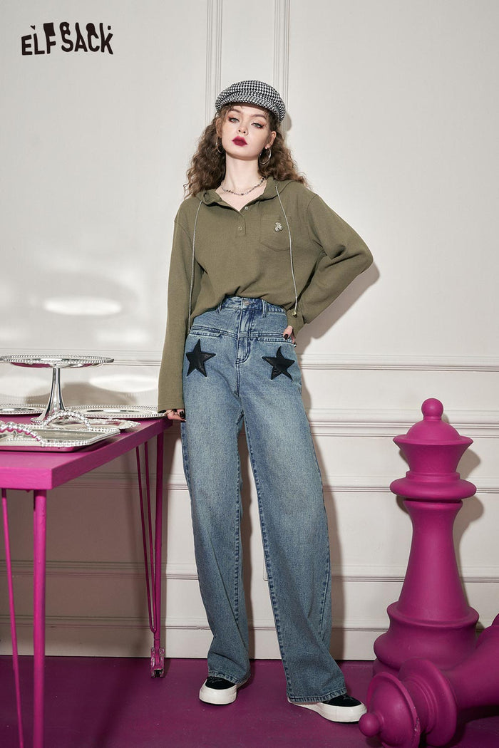 Waffle Knit Polo Long Sleeve Pocket Top