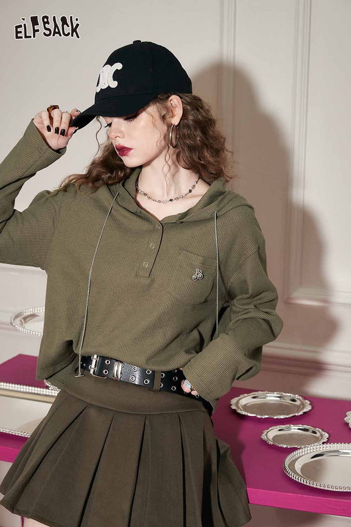Waffle Knit Polo Long Sleeve Pocket Top