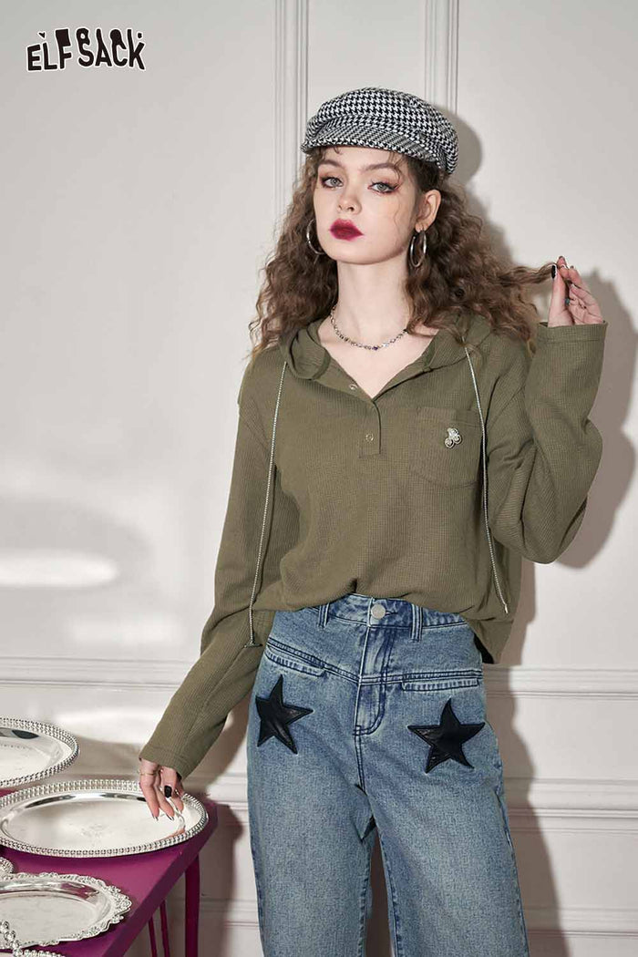 Waffle Knit Polo Long Sleeve Pocket Top