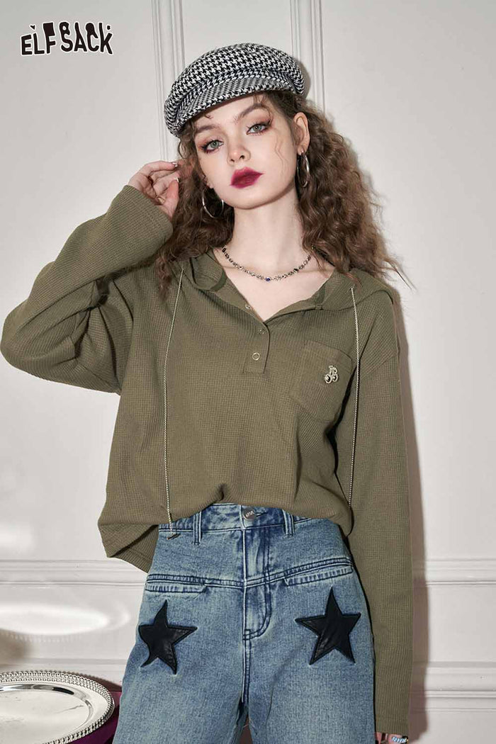 Waffle Knit Polo Long Sleeve Pocket Top