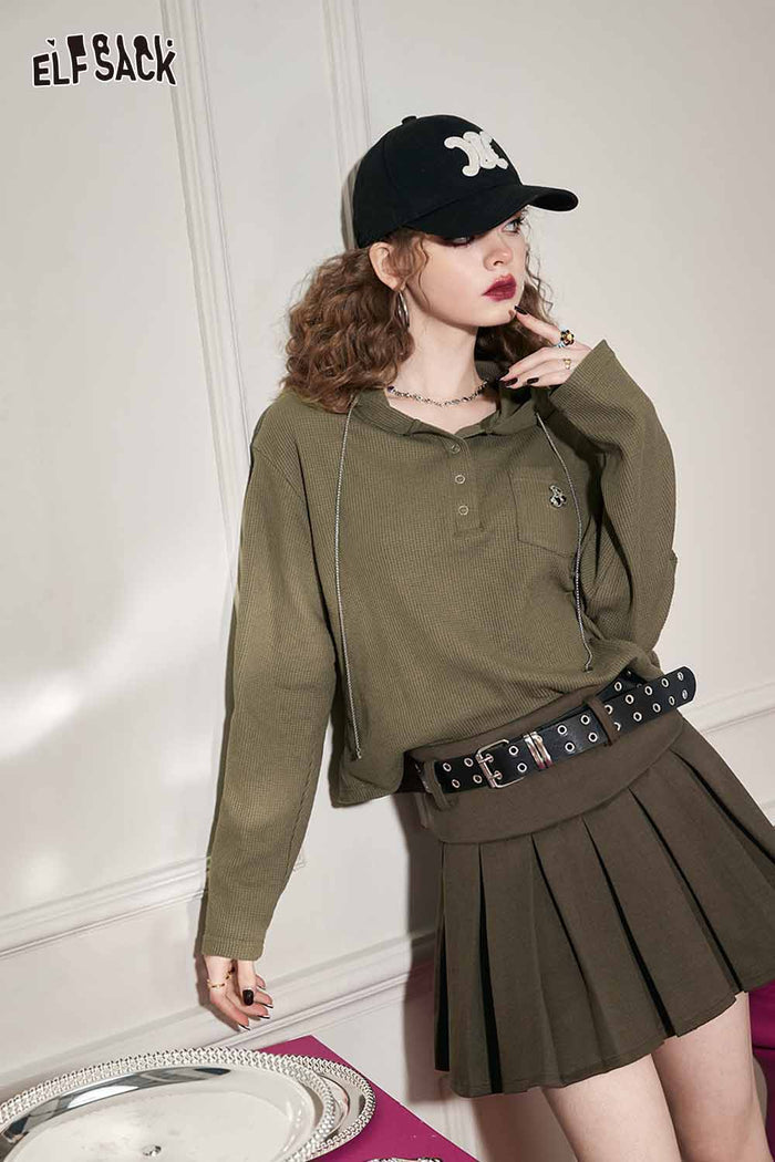 Waffle Knit Polo Long Sleeve Pocket Top