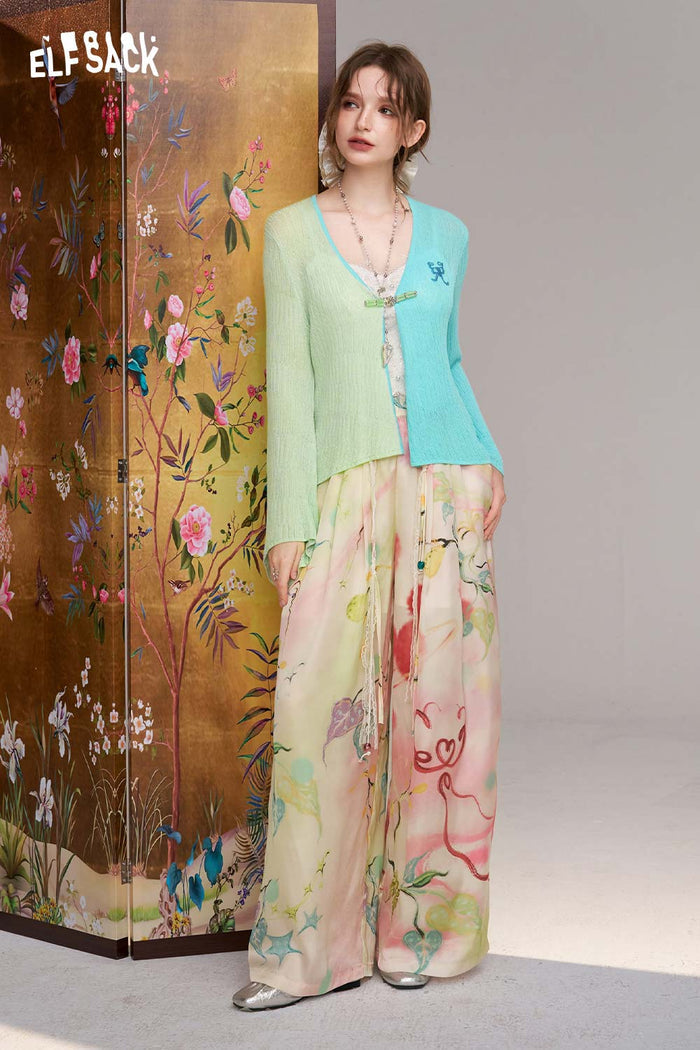 ELFSACK Watercolor Floral Beaded Drawstring Wide Leg Pants