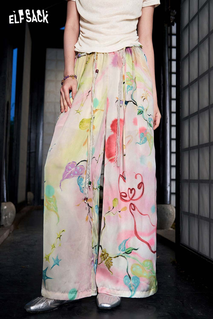 ELFSACK Watercolor Floral Beaded Drawstring Wide Leg Pants