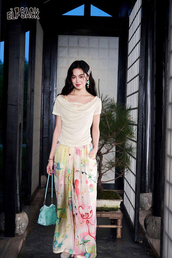 ELFSACK Watercolor Floral Beaded Drawstring Wide Leg Pants