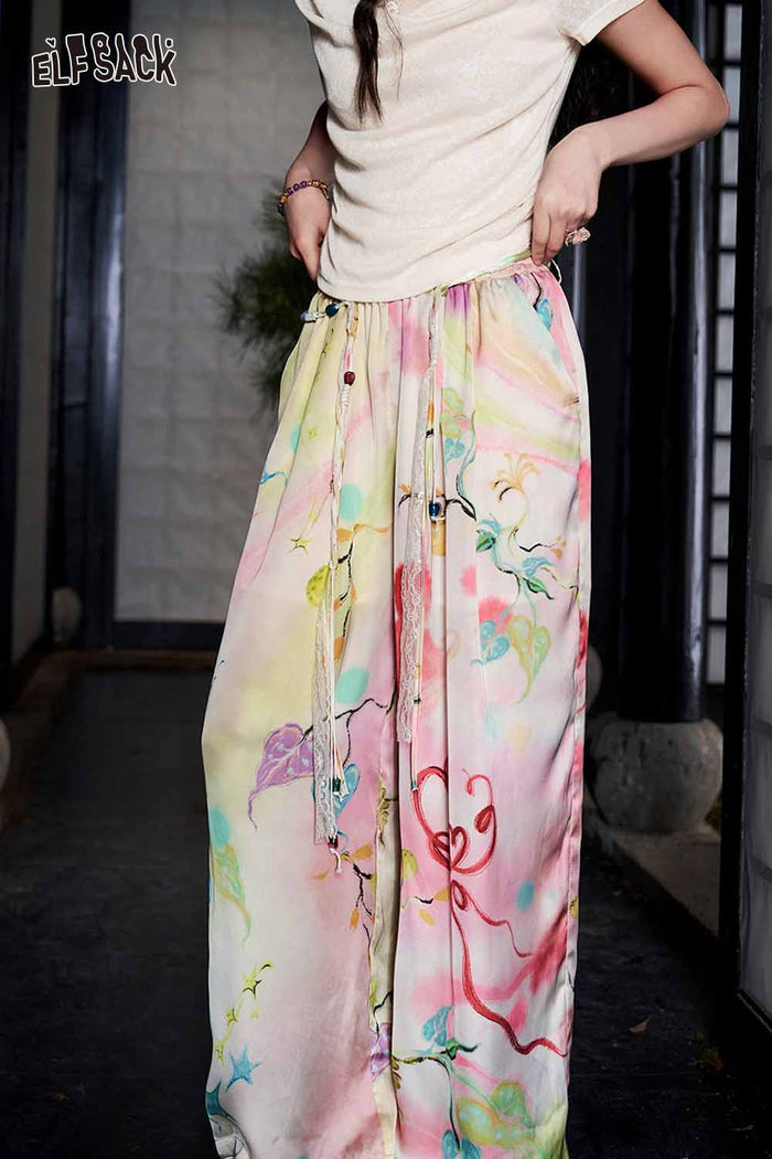 ELFSACK Watercolor Floral Beaded Drawstring Wide Leg Pants