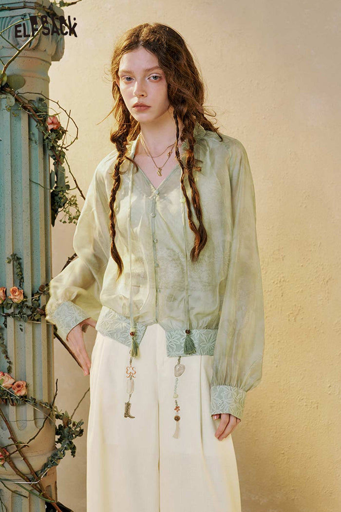 Watercolor Print Puff Sleeve Chiffon Blouse