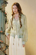 Watercolor Print Puff Sleeve Chiffon Blouse