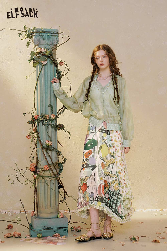 Watercolor Print Puff Sleeve Chiffon Blouse