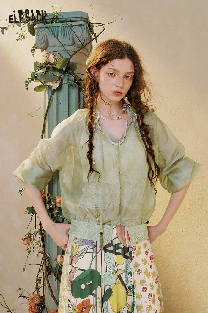 Watercolor Print Puff Sleeve Chiffon Blouse