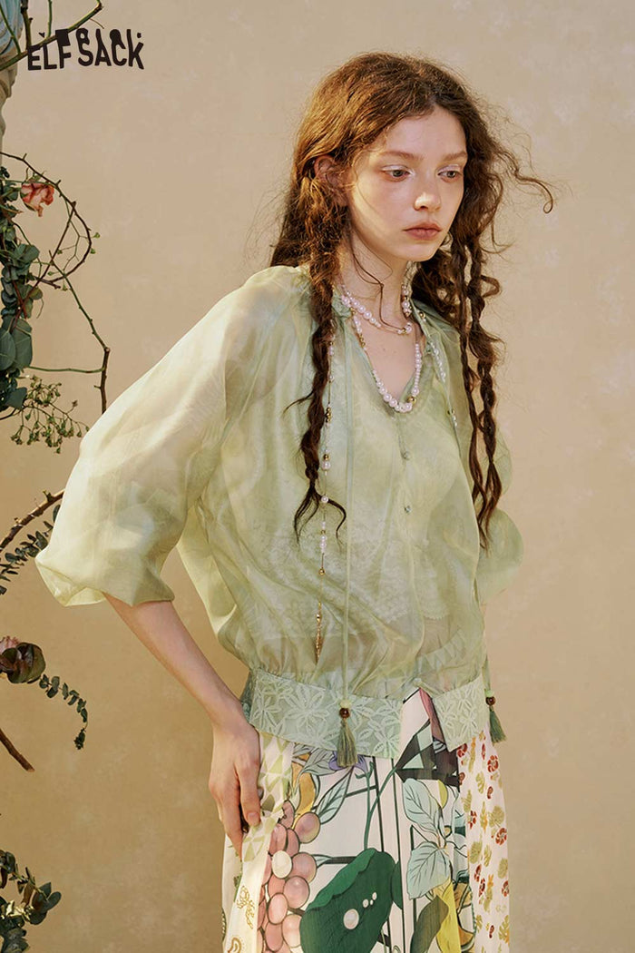 Watercolor Print Puff Sleeve Chiffon Blouse