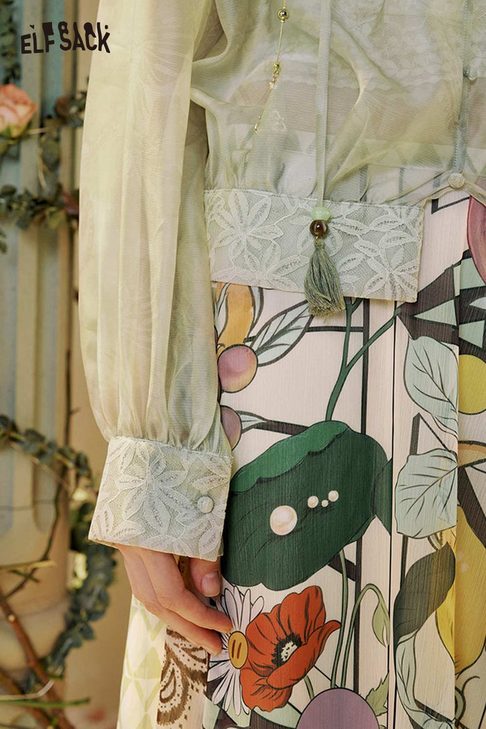 Watercolor Print Puff Sleeve Chiffon Blouse