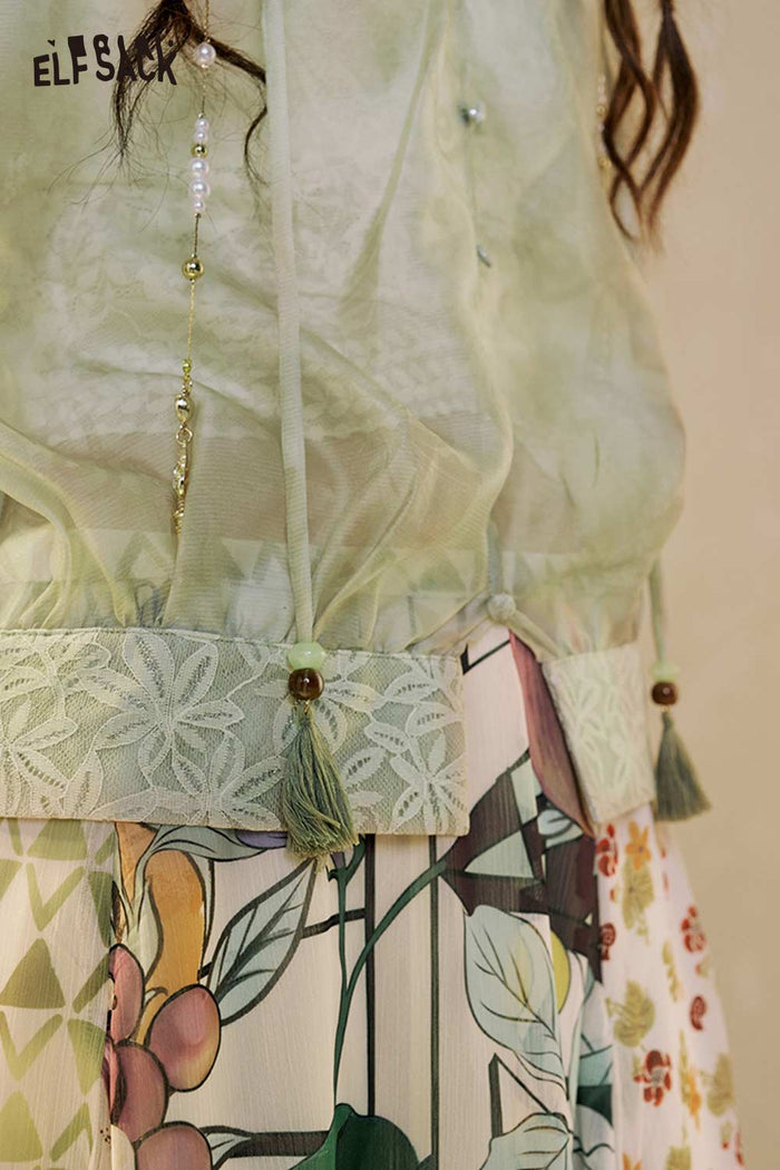 Watercolor Print Puff Sleeve Chiffon Blouse