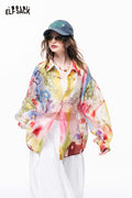 ELFSACK Watercolor Print Sheer Button Shirt