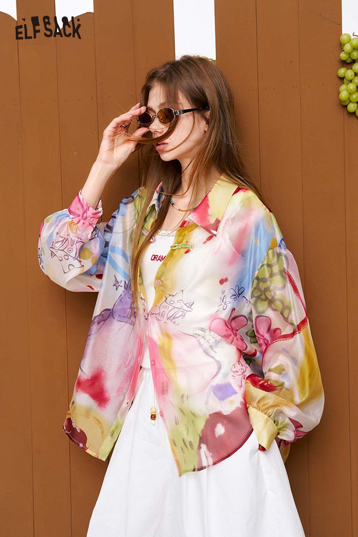 ELFSACK Watercolor Print Sheer Button Shirt