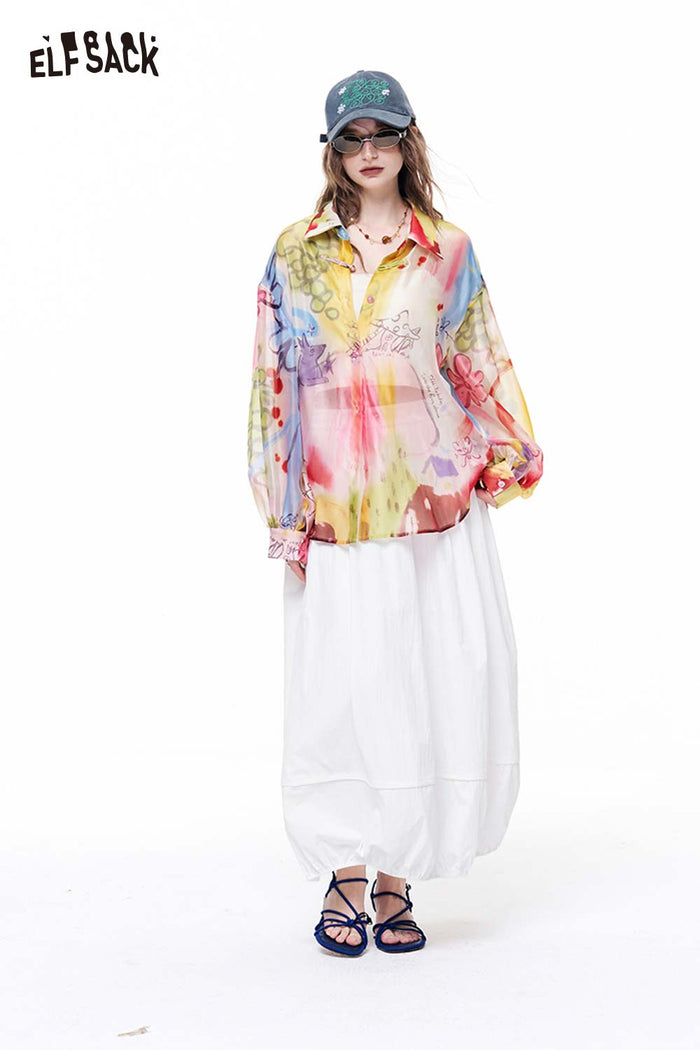 ELFSACK Watercolor Print Sheer Button Shirt