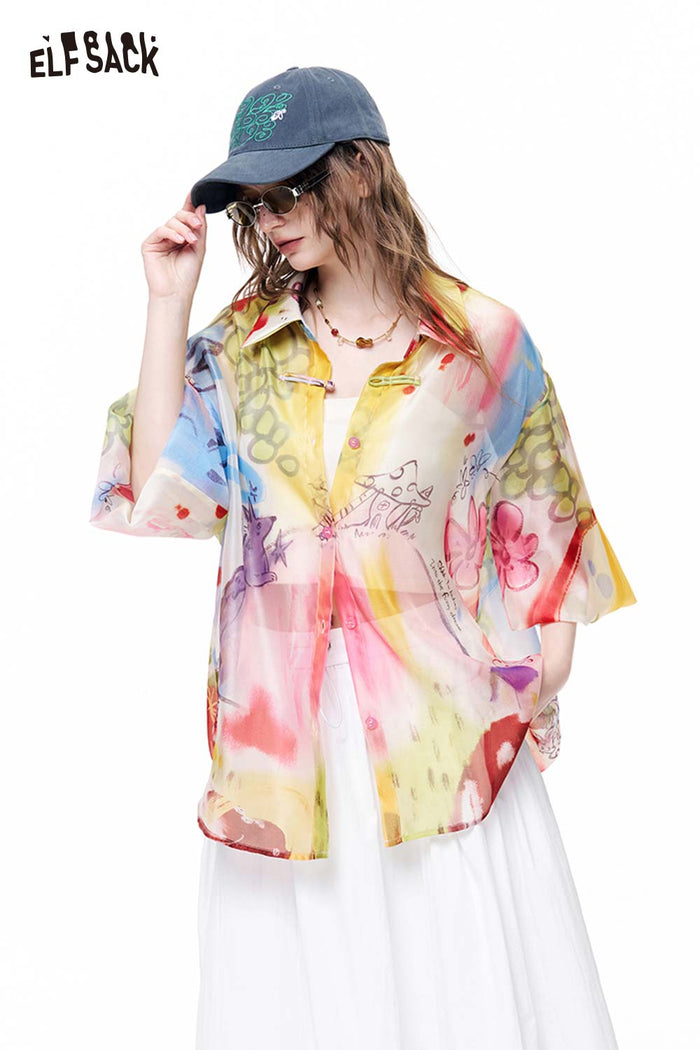 ELFSACK Watercolor Print Sheer Button Shirt