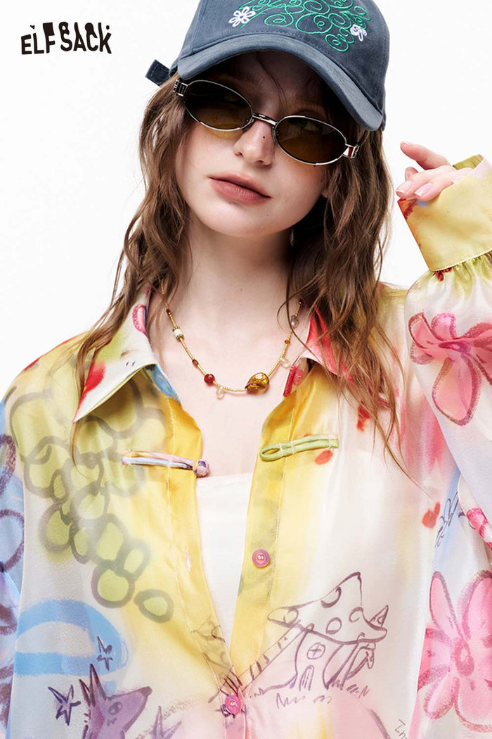 ELFSACK Watercolor Print Sheer Button Shirt